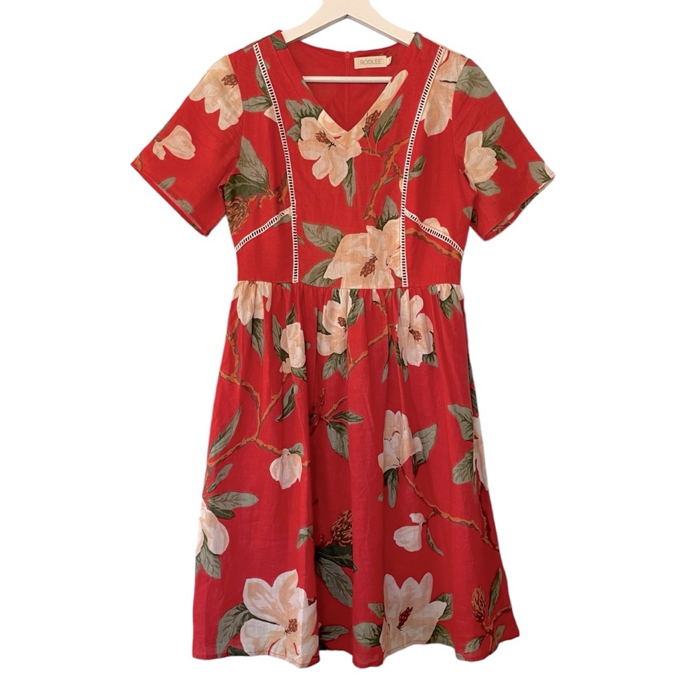 Roolee 100% Linen Floral Dress Red/ Cream Women’s Size X-Small Hawaiian Travel